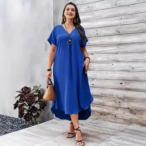 Vestito Taglie Forti da Donna Scollo a V Estate Moda Casual Tinta Unita Vestibilità Comoda Orlo Alto-Basso Manica Corta Abito Maxi Elegante