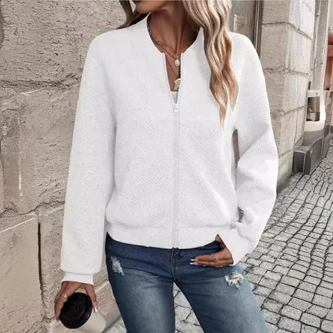 Veste Décontractée à Fermeture Éclair pour Femme Couleur Unie Manches Longues Bombardier Avec Texture Géométrique Bords-Côtes Manteau Léger Top