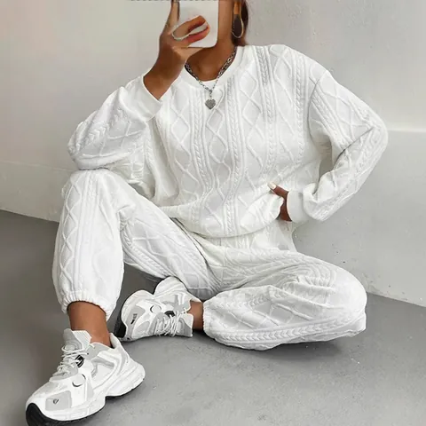 Top e Pantaloni da Donna Set Due Pezzi in Maglia a Trecce Girocollo Pullover a Maniche Lunghe Pantaloni della Tuta Casual Autunno Inverno