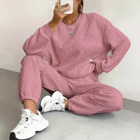 Top e Pantaloni da Donna Set Due Pezzi in Maglia a Trecce Girocollo Pullover a Maniche Lunghe Pantaloni della Tuta Casual Autunno Inverno