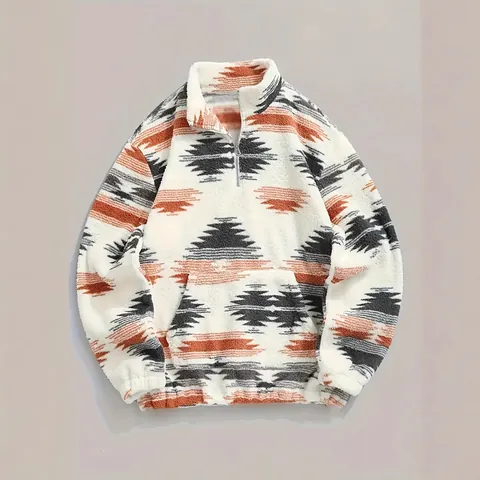Women's Bohemian Geometric Printed Plush Fleece Jacket Quarter Zip Stand Collar Sweatshirt With Kangaroo Pocket Autumn Winter Top