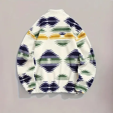 Women's Bohemian Geometric Printed Plush Fleece Jacket Quarter Zip Stand Collar Sweatshirt With Kangaroo Pocket Autumn Winter Top
