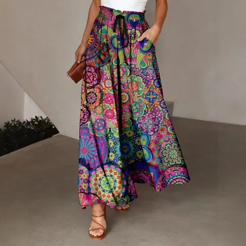 Bohemian Feather Print Wide Leg Pants For Women High Waisted Pleated Elastic Waist Loose Summer Casual Bottom