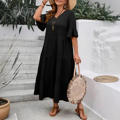 Women's Plus Size V-Neck Tiered Maxi Dress Summer Casual Solid Color Ruffle Sleeve Layered Bohemian Long Vacation Party Sun Dress