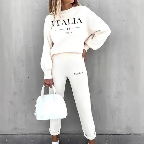 Ensemble Décontracté Femme Sweat et Joggers Imprimé Lettres Italia Tenue Top And Bottom Manches Longues Col Rond Streetwear