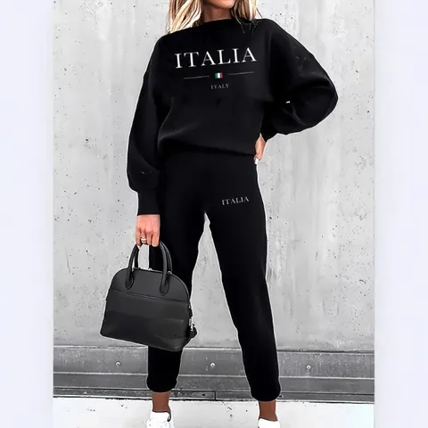 Ensemble Décontracté Femme Sweat et Joggers Imprimé Lettres Italia Tenue Top And Bottom Manches Longues Col Rond Streetwear