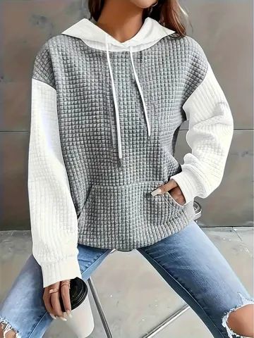 Dames Plus Size Kleurblok Hoodie Wafelstructuur Lange Mouwen Capuchon Sweatshirt Met Kangoeroezak Casual Pullover Top
