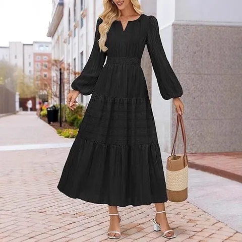 Women V Neck Lantern Long Sleeve Tiered Maxi Dress Smocked Waist Casual A-Line Solid Color Elegant Swing Dress