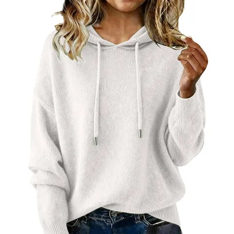 Suéter Casual Con Capucha Para Mujer Con Cordón De Ajuste Color Sólido Manga Larga Top Tejido Cepillado Poliéster Ajuste Relajado Pulóver Para Otoño Invierno