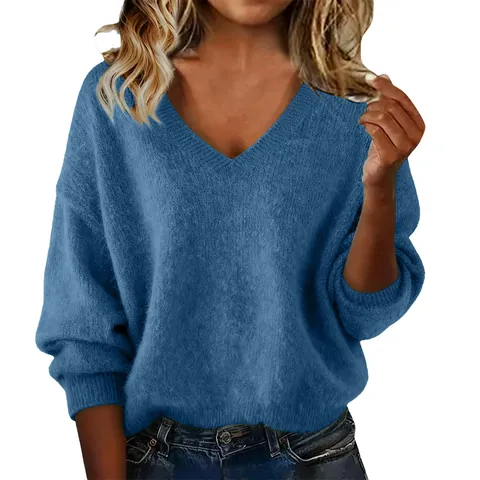 Women V-Neck Knitted Sweater Loose Long Sleeve Pullover Solid Color Autumn Winter Oversized Casual Knit Jumper Top
