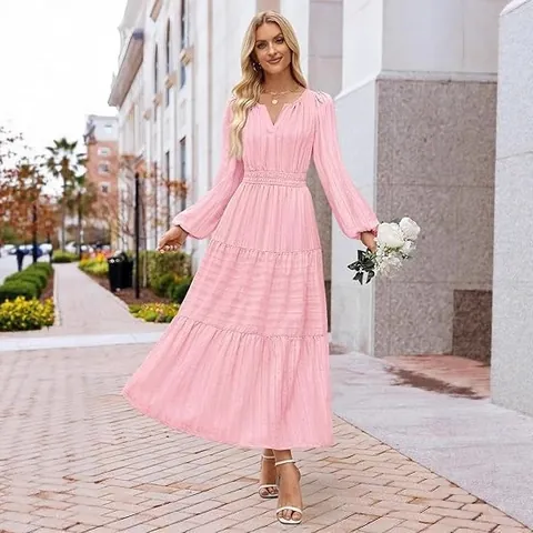 Women V Neck Lantern Long Sleeve Tiered Maxi Dress Smocked Waist Casual A-Line Solid Color Elegant Swing Dress