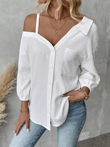 Women Cold Shoulder Textured Shirt Asymmetric Lapel 3/4 Sleeve Single Breasted Casual Polyester Top Fashion Blouse