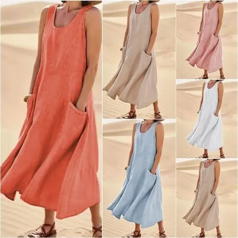 Women Sleeveless Round Neck Maxi Dress Loose Fit Side Pockets Solid Color Acetate Splicing Casual Summer Vacation Sundress