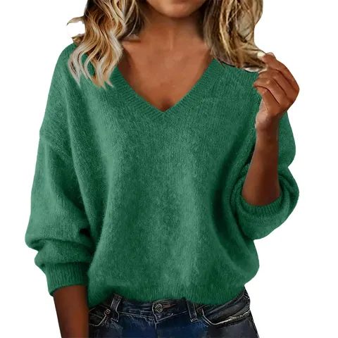 Maglione Donna Scollo a V Vestibilità Comoda Manica Lunga Poliestere Increspato Pullover Maglia Casual Moda Autunno Inverno
