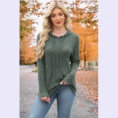 Sudadera con Capucha de Punto Acanalado para Mujer Jersey de Manga Larga con Bolsillo Color Sólido Casual