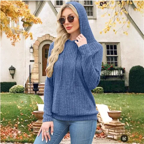 Sudadera con Capucha de Punto Acanalado para Mujer Jersey de Manga Larga con Bolsillo Color Sólido Casual