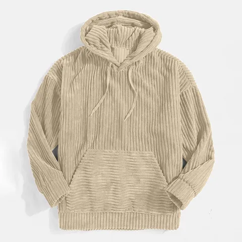Men Corduroy Hoodie Thickened Long Sleeve Solid Color Kangaroo Pocket Drop Shoulder Casual Sporty Pullover Hooded Sweatshirt Top