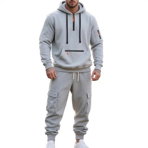 Uomo Poliestere Casual Felpa con Cappuccio Pantaloni Cargo Top And Bottom Urbano Sportivo Tinta Unita Multi-Tasca Mezza Zip Tuta Set