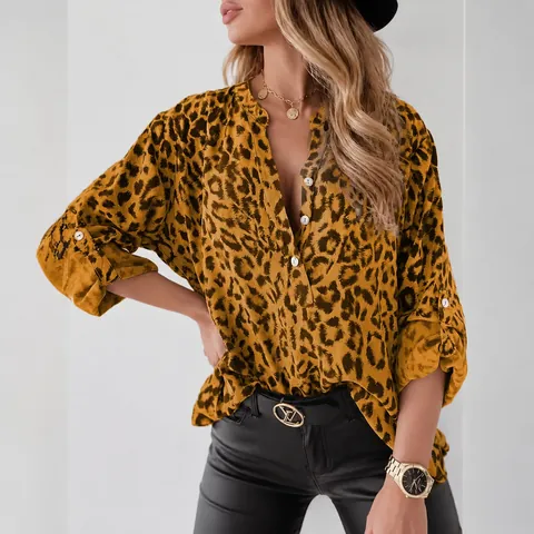 Camicetta da Donna con Stampa Leopardata Monopetto a Manica Lunga Casual Larga con Colletto Polo Streetwear alla Moda