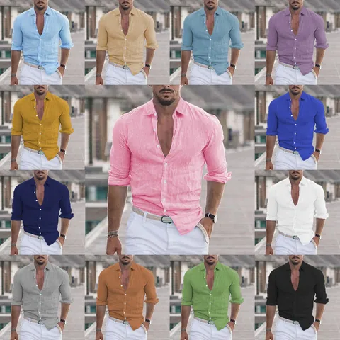 Men's Casual Long Sleeve Pure Cotton Shirt Solid Color Lapel Beach Vacation Cardigan Top