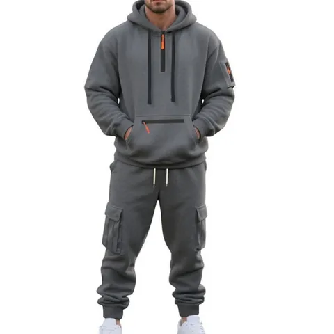 Uomo Poliestere Casual Felpa con Cappuccio Pantaloni Cargo Top And Bottom Urbano Sportivo Tinta Unita Multi-Tasca Mezza Zip Tuta Set