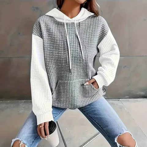 Women Fashion Waffle Knit Color Block Hooded Sweatshirt Plus Size Casual Long Sleeve Pullover Top With Kangaroo Pocket