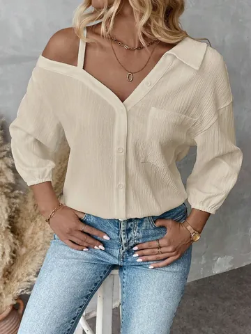 Women Cold Shoulder Textured Shirt Asymmetric Lapel 3/4 Sleeve Single Breasted Casual Polyester Top Fashion Blouse