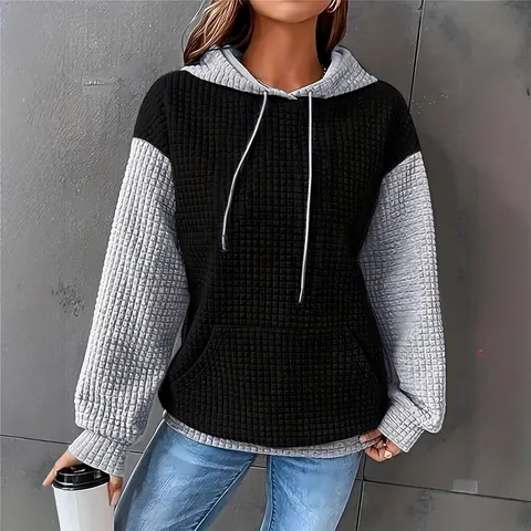 Women Fashion Waffle Knit Color Block Hooded Sweatshirt Plus Size Casual Long Sleeve Pullover Top With Kangaroo Pocket