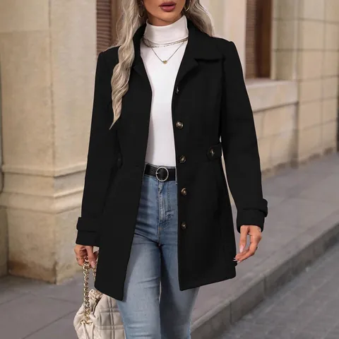 Women Elegant Slim Fit Woolen Overcoat Lapel Collar Mid-Length Single-Breasted Outerwear Solid Color Long Sleeve Fashion Casual Top