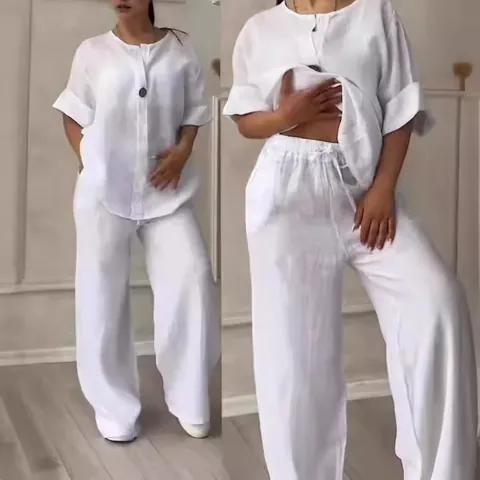 Damen Casual Garngefärbt Polyester Top Und Bottom Retro Einfarbig V-Ausschnitt Langarm Hemd Und Weite Hose Komfortable Mode