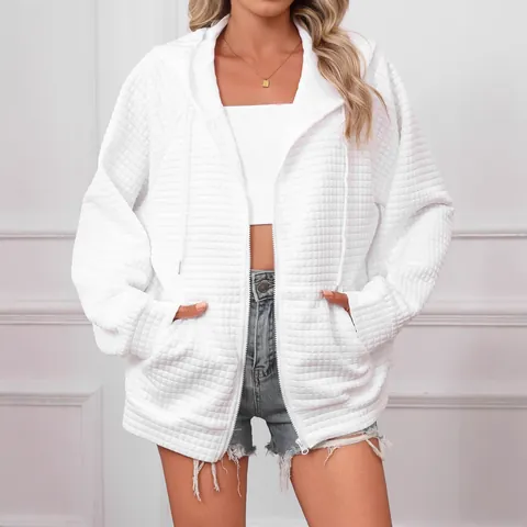 Giacca da Donna in Maglia a Nido d'Ape con Cappuccio Cerniera Manica Lunga Coulisse Felpa Casual Capispalla Oversize per Autunno Inverno