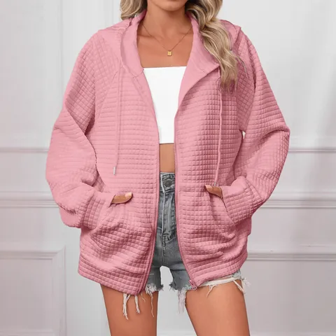 Giacca da Donna in Maglia a Nido d'Ape con Cappuccio Cerniera Manica Lunga Coulisse Felpa Casual Capispalla Oversize per Autunno Inverno
