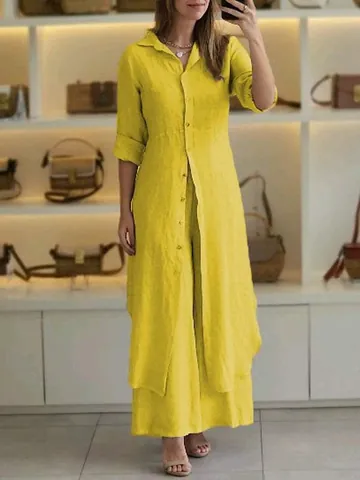 Women's Elegant Linen Cotton Blend Top And Bottom Long Sleeve Lapel Shirt And Wide Leg Pants Two Piece Suit Casual Plus Size Summer Outfit