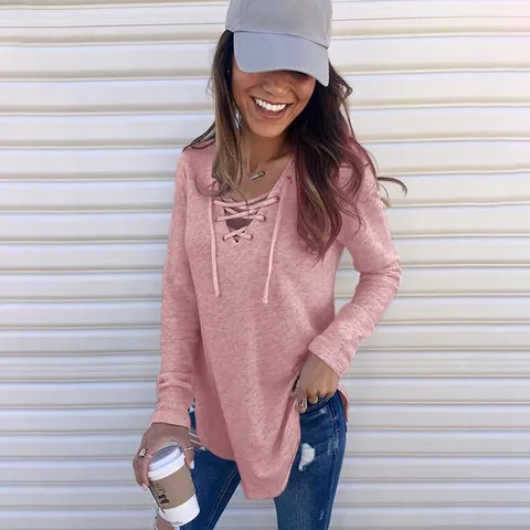 Women Casual V-Neck Lace-Up Cotton Blend Long Sleeve T-Shirt Solid Color Patchwork Loose Top Comfortable Fashion Pullover