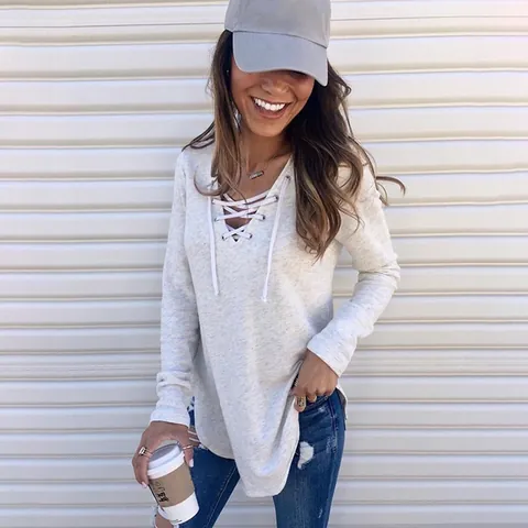 Women Casual V-Neck Lace-Up Cotton Blend Long Sleeve T-Shirt Solid Color Patchwork Loose Top Comfortable Fashion Pullover