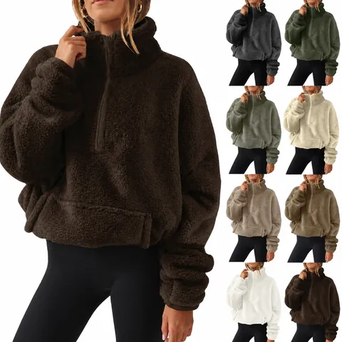 Dames Herfst Winter Fuzzy Sherpa Fleece Sweatshirt Halve Rits Opstaande Kraag Verdikte Pullover Casual Effen Kleur Warme Top