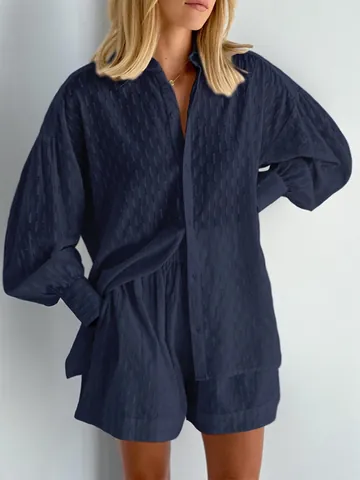 Dames Jacquard Pofmouwen Overhemd En Shorts Top En Bottom Set Elegant Casual Effen Kleur Button-Up Kleding