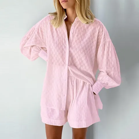 Γυναικείο Urban Casual Σετ 2 Τεμαχίων από Βαμβακερό Ζακάρ Πουκάμισο με Μακρύ Μανίκι και Κουμπιά και Σορτς Top And Bottom Κομψό Σετ