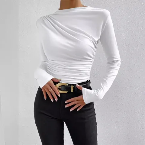 Women Casual Solid Color Long Sleeve T-Shirt Slim Fit Ruched Design Basic Versatile Mock Neck Top