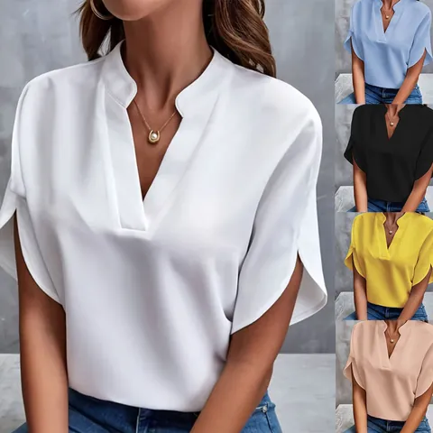 Damen Elegant V Ausschnitt Fledermausärmel Bluse Sommer Casual Lose Einfarbig Polyester Hemd Top Büro Arbeit Kleidung Damen