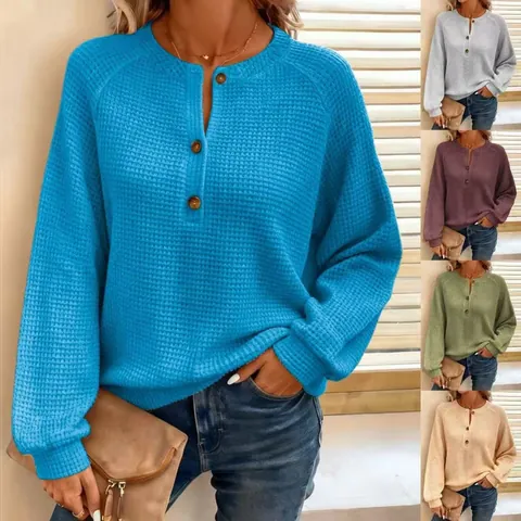 Dames Casual Losse Wafelgebreide Henley Top Lange Mouw Effen Kleur Ronde Hals Pullover Mode Herfst Kleding Shirt