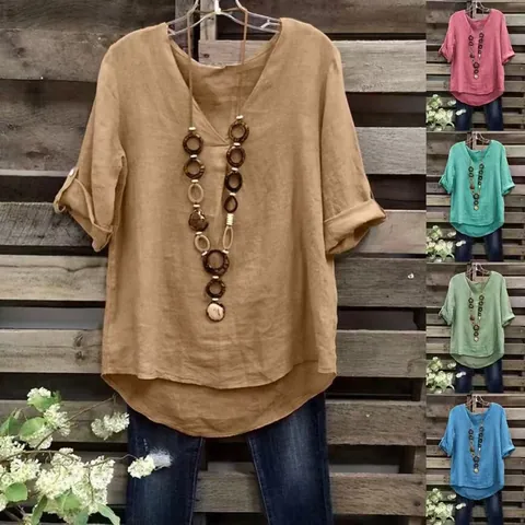 Haut Pull Femme en Mélange de Coton Vintage Décontracté Ample Col en V Manches Mi-longues Blouse Couleur Unie Mode Confortable Haut d'Été