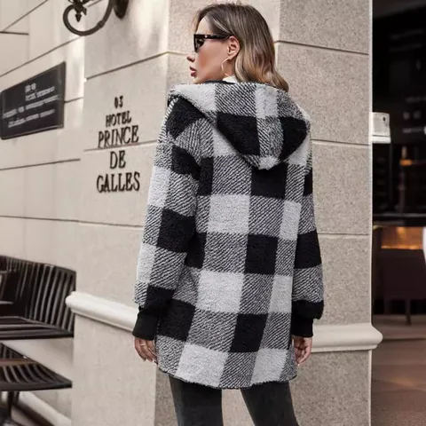 Damen Casual Karo Farbblock Gestrickte Cardigan Langarm Kapuze Fleece Pullover Mantel Oversized Streetwear