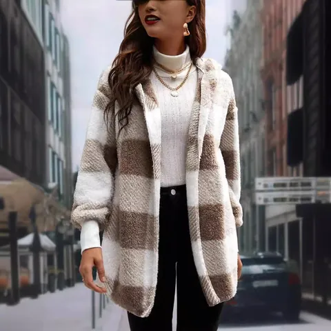 Damen Casual Karo Farbblock Gestrickte Cardigan Langarm Kapuze Fleece Pullover Mantel Oversized Streetwear