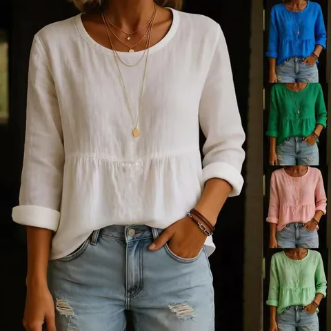 Haut Décontracté en Mélange de Coton pour Femmes Manches Longues Couleur Unie Col Rond Blouse Peplum Large pour Printemps Vacances Mode