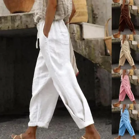 Women Casual Cotton Blend Pants Solid Color Loose Drawstring Elastic Waist Straight Leg Trousers With Pockets Daily Streetwear Fashion Bottom