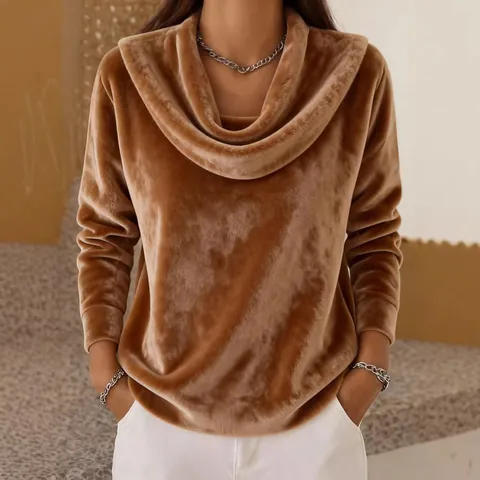 Women's Casual Plush Cowl Neck Long Sleeve Top Solid Color Loose Knitwear Soft Fleece Pullover Sweater For Autumn Winter