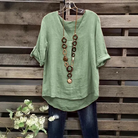 Haut Pull Femme en Mélange de Coton Vintage Décontracté Ample Col en V Manches Mi-longues Blouse Couleur Unie Mode Confortable Haut d'Été