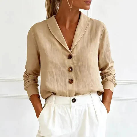 Women's Casual Loose Cotton Linen Blouse Long Sleeve Peter Pan Collar V-Neck Button Down Shirt Autumn Fashion Top
