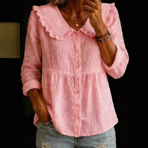 Women's Casual Cotton Blend Blouse Peter Pan Ruffle Collar Long Sleeve Button Down Shirt Loose Vintage Top For Daily